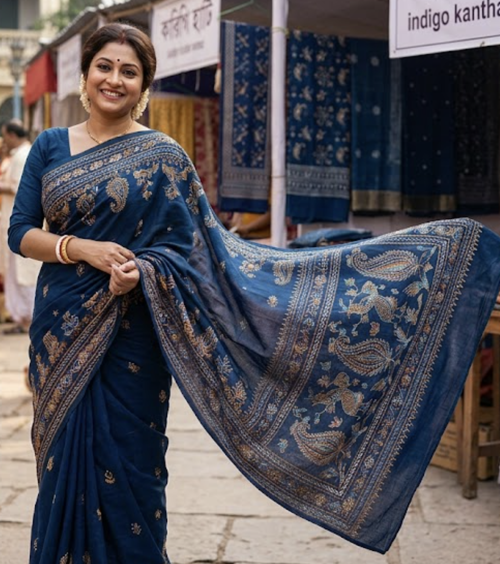 Indigo Kantha Silk-Cotton Saree